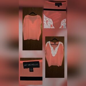 My Michelle Peach Blouse with White Lace Detail